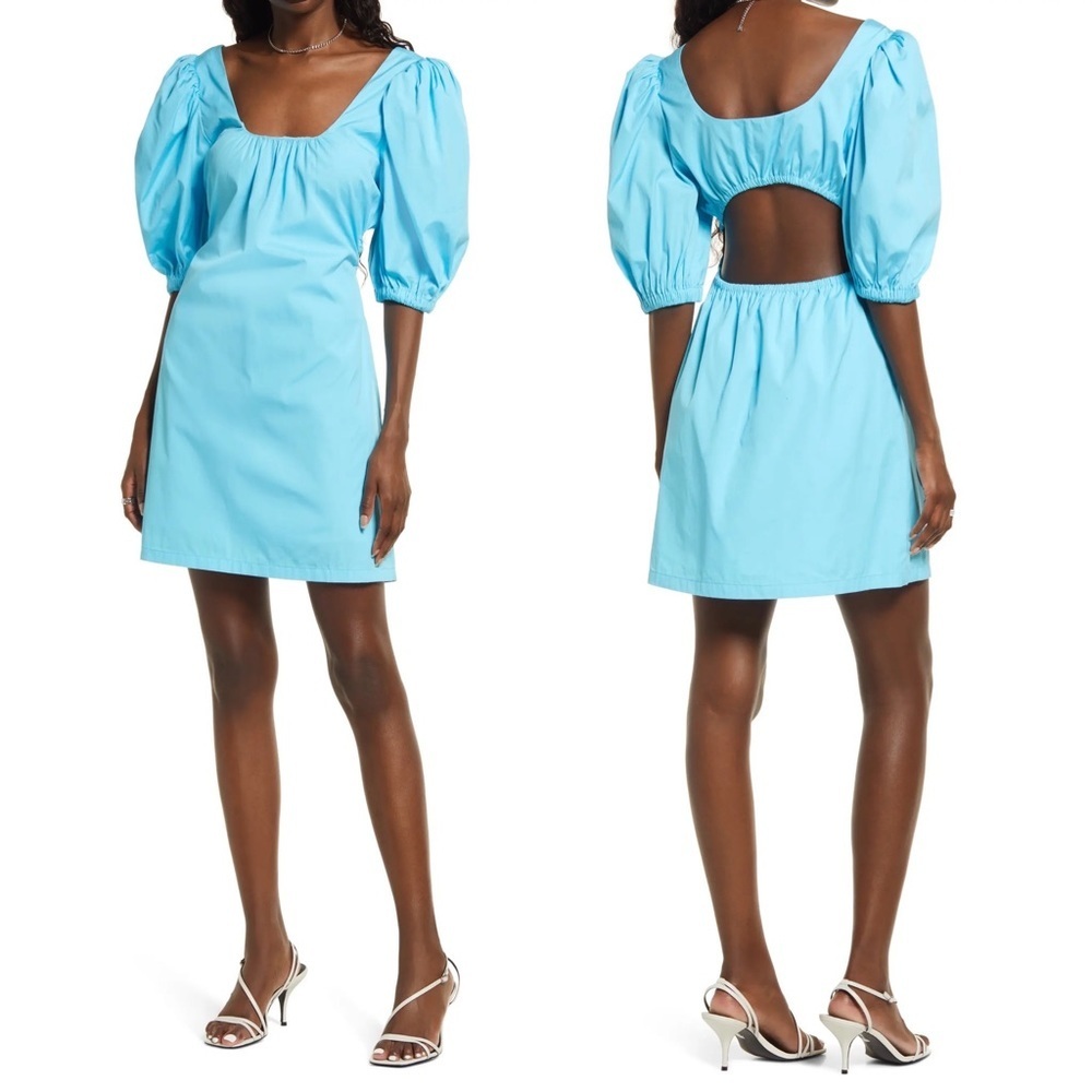 Nordstrom Open Back Puff Sleeve Mini Dress Blue Size XS Open Edit Mini Cut Out